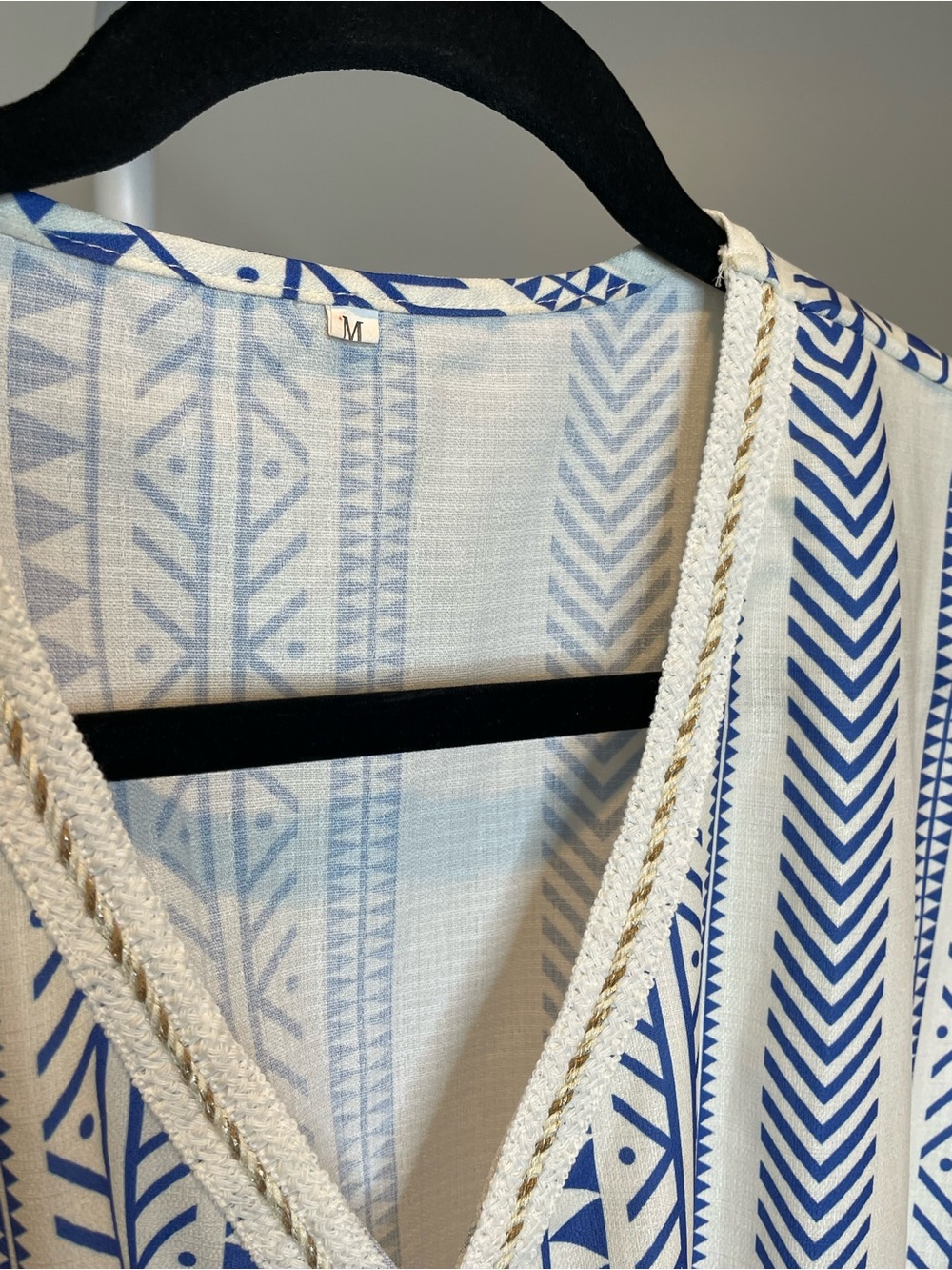 Blue and Cream V-Neck Boho Tassel Poolside Cover-Up/Dress - Picture 3 of 7